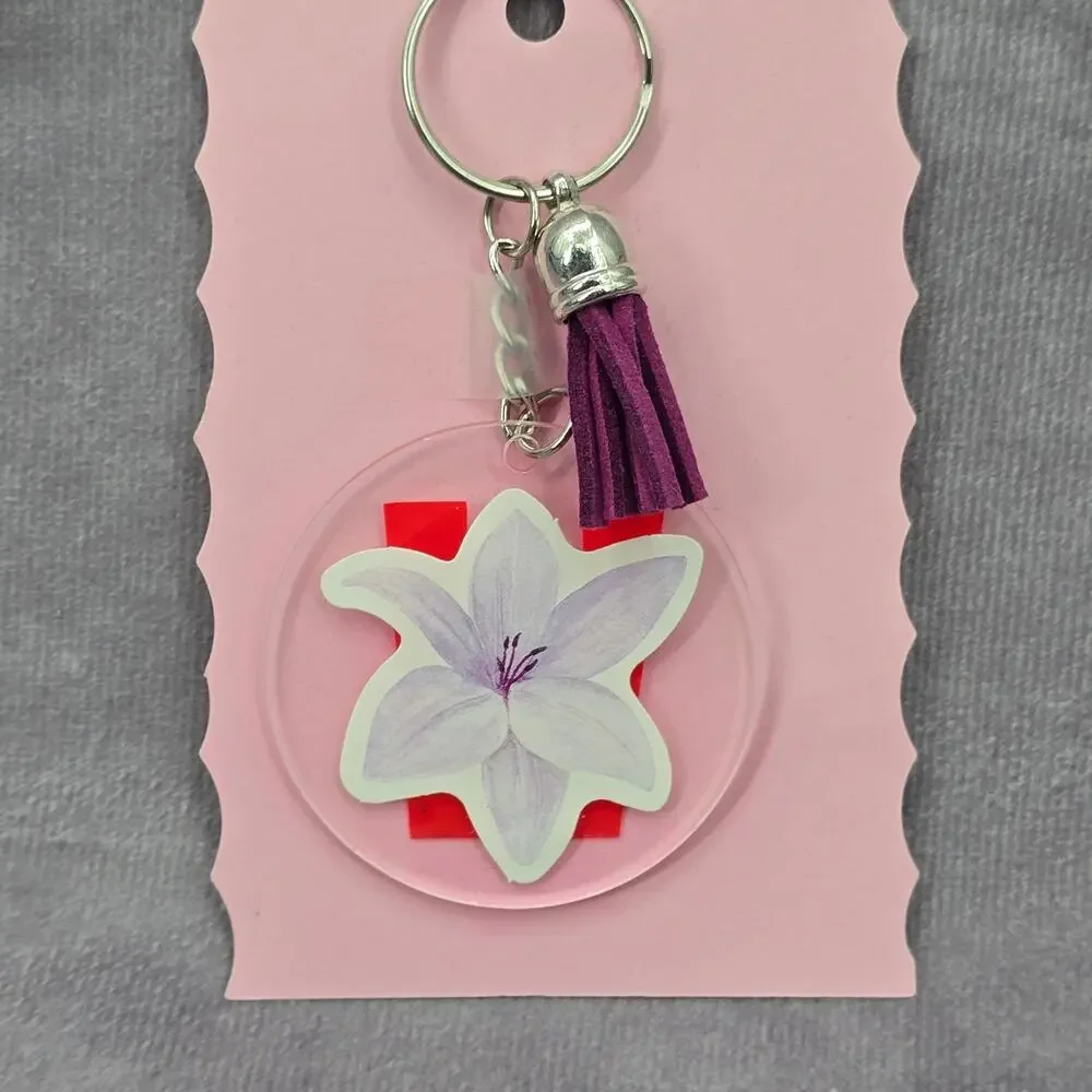 Letter Keychain Clear‎ Silver Circle Handmade Acrylic Tassel Flower W Purple